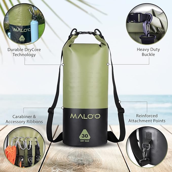 Malo?™o DryPack 30L Waterproof Kayak Dry Bag, Heavy Duty Roll-Top Dry Bag with MOLLE Grid and Carry Straps for Fishing, Paddle Boarding, Boating, Camping, and Travel, Green