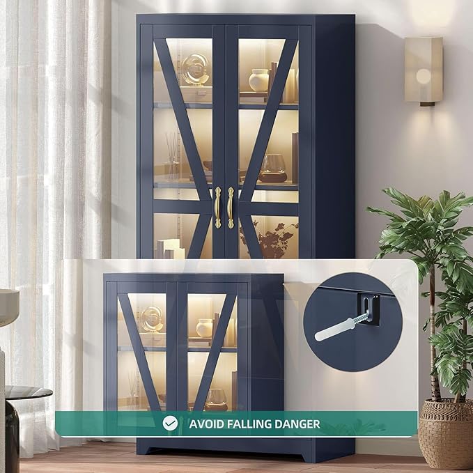 YITAHOME Kitchen Pantry Cabinet with Lights, 61" Metal Storage Cabinets with Adjustable Shelves, Organizer Cabinet with Barn Doors, Freestanding Cupboard with Drawer for Dining Living Room, Navy Blue