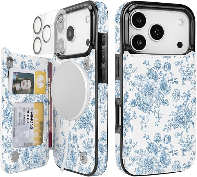 uCOLOR for iPhone 17 Pro 6.3" Wallet Case Magsafe with Card Holder Slot【Compatible with MagSafe】 Double Magnetic RFID Design with Camera Lens Protector (Blue Floral, iPhone 17 Pro)