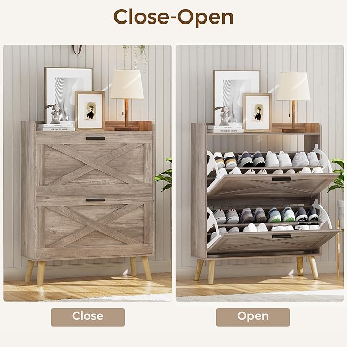 32" W Farmhouse Shoe Storage Cabinet with 2 Flip Drawers and Barn Door Design, Adjustable Shelves, Modern Hidden Slim Narrow Shoe Rack Cabinet for Entryway, Foyer, Hallway, Living Room,Greige