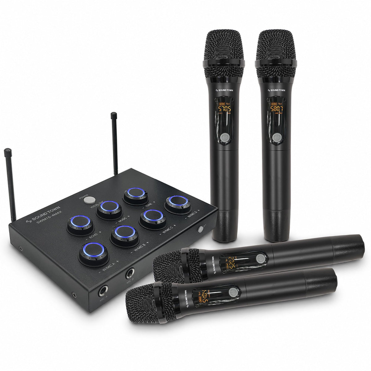 Sound Town 32-Channel Wireless Microphone Karaoke Mixer with 4 Rechargeable Metal Mics, Optical (Toslink), AUX for Smart TVs, Soundbars & Home Receivers, Tablet, PC (SWM15-4MAX)