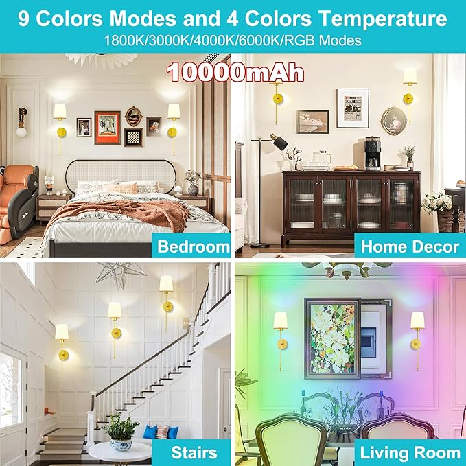 10000mAh Battery Operated Wall Sconces Set of Two, 28 Inches Long Wireless Sconces Set of 2 Wall Light with RGB Rechargeable Magnetic Bulb, Sconces Wall Decor Set of 2 for Bedroom Living Room, Gold