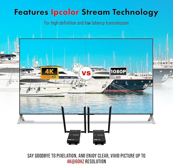 J-Tech Digital Wireless HDMI Transmitter and Receiver 4K 60Hz Up to 196ft., 5.1/5.2 GHz Low Latency HDMI Loop Output SSID Pairing Channel Change IR Passthrough [JTECH-WEX4K-50]