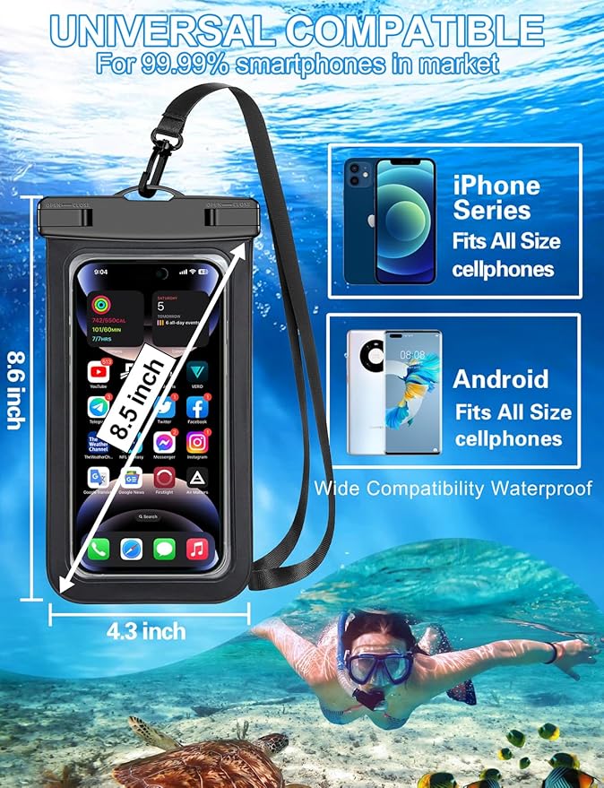 Famoby Up to 8.3" 5 Pack Multicolor Universal Waterproof Phone Pouch, Phone Waterproof Case Dry Bag,Protection Level: IP68,Outdoor Sports for Apple iPhone,Samsung,and More,Black,Blue,Pink,Orange,Green