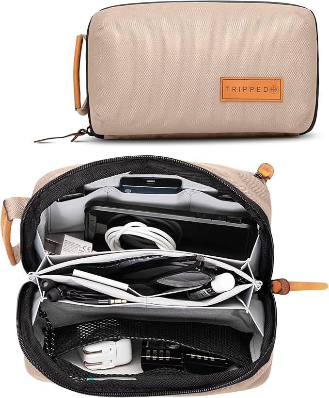 Tech Bag Organizer - Small Electronics Organizer Pouch for Travel - Premium Travel Case with Leather Accents - Mesh Pocket for Cables, Cords and Chargers (Tan)