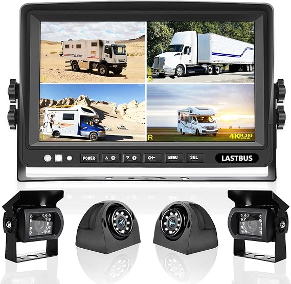 9'' RV Camera System for RV Semi-Truck Trailer Camper, 4 Split Screen Quad View HD DVR Recording Monitor + IP69K Waterproof Night Vision Rear & Side View Backup Camera to Eliminate Blind Spots