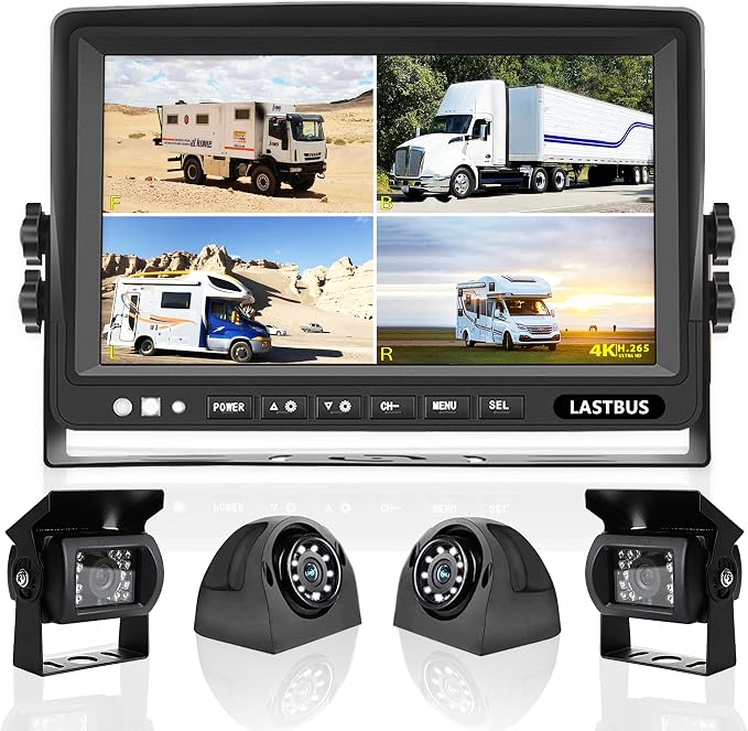 9'' RV Camera System for RV Semi-Truck Trailer Camper, 4 Split Screen Quad View HD DVR Recording Monitor + IP69K Waterproof Night Vision Rear & Side View Backup Camera to Eliminate Blind Spots