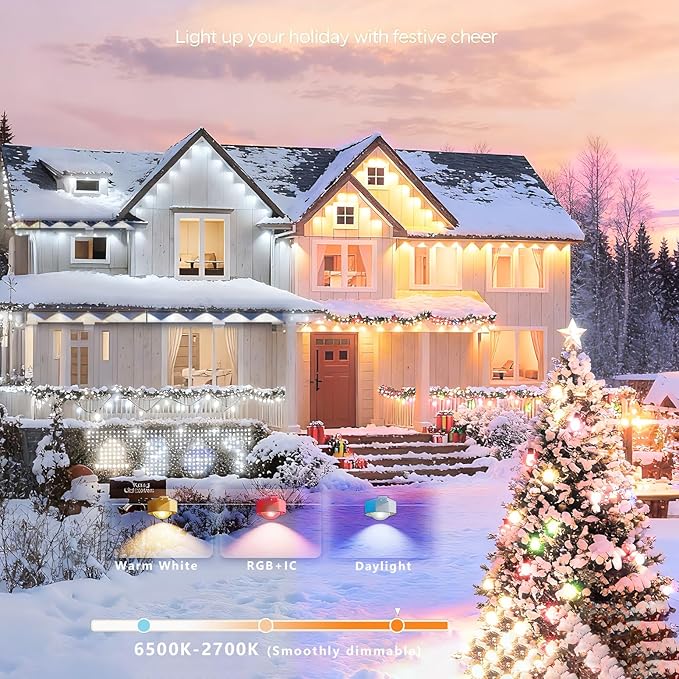 Permanent Outdoor Christmas Lights for House,100ft Smart RGB+IC Color Eave Lights,Tunable Warm to Cool White 60lm for Daily Lighting,IP67 Waterproof, Alexa Google APP Remote Control