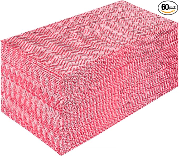 JEBBLAS Reusable Cleaning Towels, 60 Sheets/Pack, Red, 13" x 24", Absorbent, Dry Quickly, Machine Washable