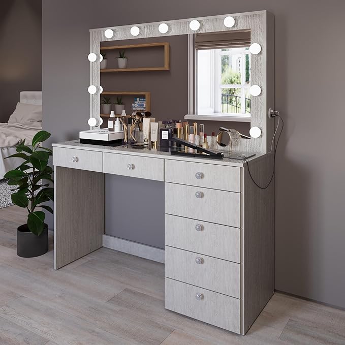 Boahaus Serena White Makeup Vanity with Mirror and 11 Lights, 7 Drawers, Glass Top, Crystal Knobs, USB-A & USB-C Ports, 110V Power Outlet, Bedroom Vanity Desk (Grey)