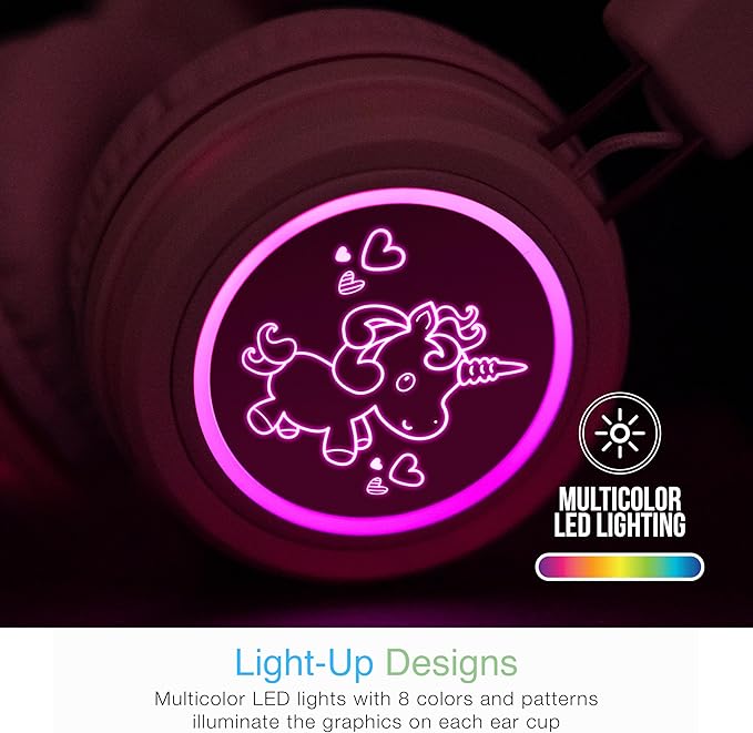 MEE Audio KidJamz KJ55BT Bluetooth Wireless Safe Listening Headphones for Children with LED Lights, 85dB Volume Limiter, Microphone, & 40h Battery; Kids Headset for School/iPhone/iPad/Tablet (Pink)