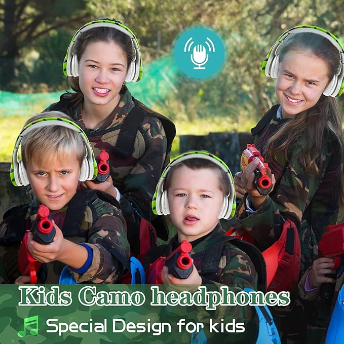 Kids Headphones with Cord, Toddler Headphones with Sharing Function, 85dB/93dB Safe Volume Limit, for Toddler Children Baby Boys Girls On-line Study, School, Travel use (camo Green)