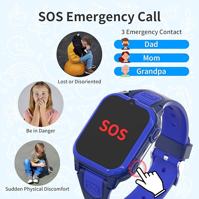 Kids Smart Watch with GPS Tracker and Video Calling SOS Call Camera Pedometer Games for Boys Blue