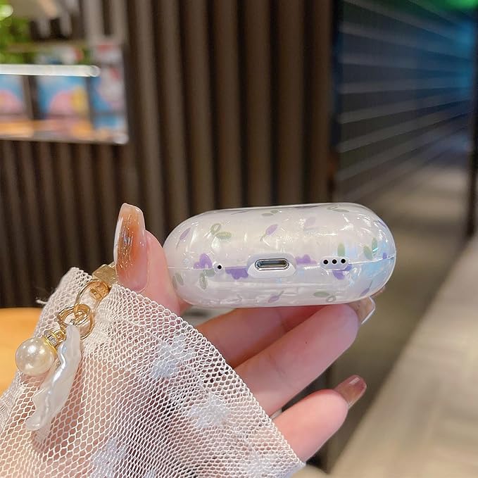 Cute Airpod Pro 2 Case Flower with Shell Pearl Keychain Floral Marble Hard TPU Protective Cover Compatible with AirPods Pro 2nd Generation Case for Girls Women (Tulip Purple)