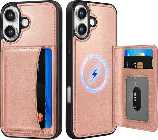 for iPhone 17 Case with Wallet - Fits 4 Card Slots, Compatible with MagSafe for Women Aesthetic Durable PU Leather Credit Card Holder Kickstand Phone Cover for Apple 17, Rose Gold