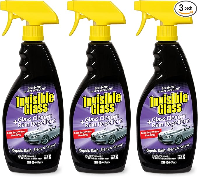 Invisible Glass 92184-3PK Glass Cleaner + Rain Repellent 2-in-1 Windshield and Window Spray, Cleans Auto Glass, Repels Rain, Sleet, Snow, Improves Wet Weather Visibility – 22 fl oz (Pack of 3)