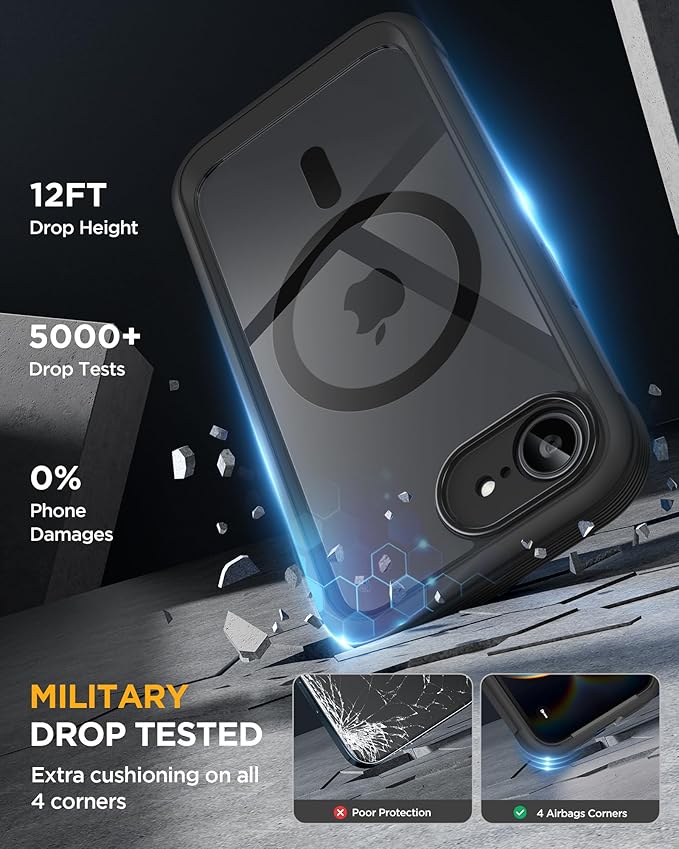 Miracase for iPhone 17e Case& iPhone 16e Case, Full-Body Phone with Built-in Glass Screen Protector, [Magnetic with MagSafe] Military Drop Proof 17 E/ 16 E Cover Bumper 6.1 inch, Black