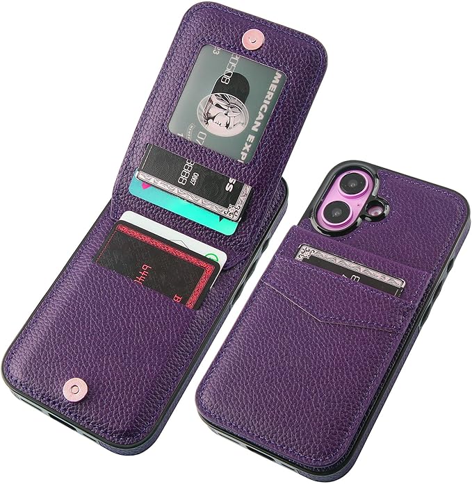 KIHUWEY Compatible with iPhone 16 Case Wallet with Credit Card Holder, Flip Premium Leather Magnetic Clasp Kickstand Heavy Duty Protective Cover for iPhone 16 6.1 Inch (Lichee Dark Purple)