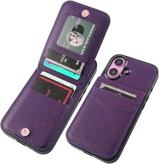 KIHUWEY Compatible with iPhone 16 Case Wallet with Credit Card Holder, Flip Premium Leather Magnetic Clasp Kickstand Heavy Duty Protective Cover for iPhone 16 6.1 Inch (Lichee Dark Purple)