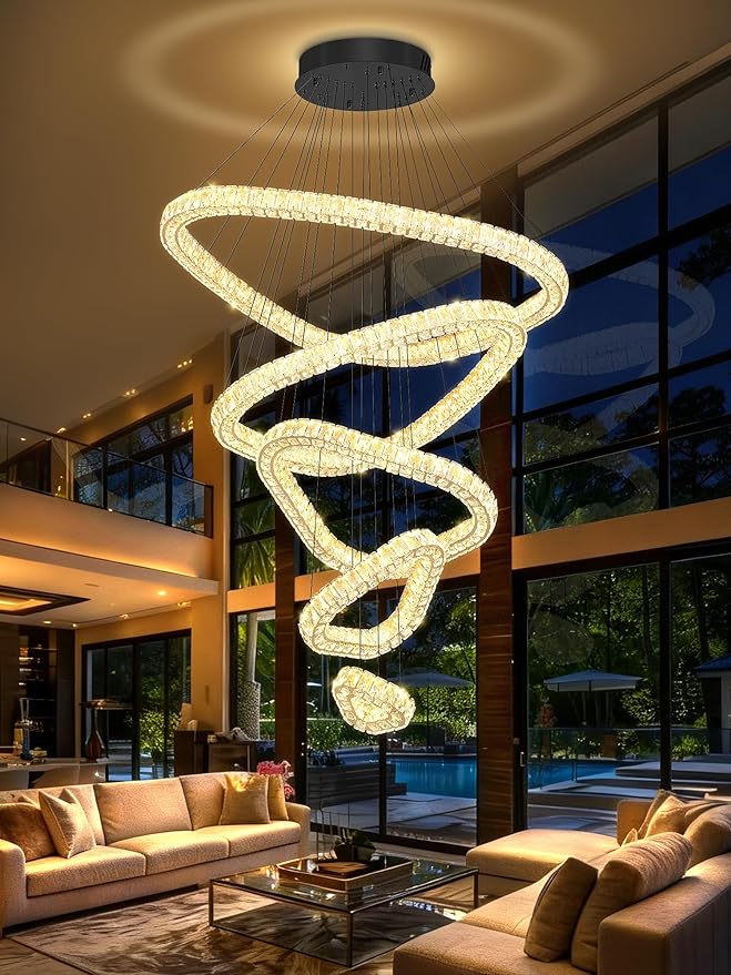 Flashing God H118 Modern Large Chandelier for Foyer 5 Rings Crystal Chandelier Stairway Chandeliers LED Dimmable Crystal Pendant Light for Living Room Entrance Hallway Black