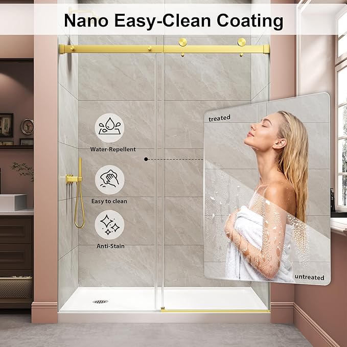 Frameless Shower Door,Single Sliding Glass Shower Door with Nano Coating & Safety Film, Adjustable 67"-72" W x 72" H, Brushed Gold,1/4" (6mm) SGCC Tempered Glass