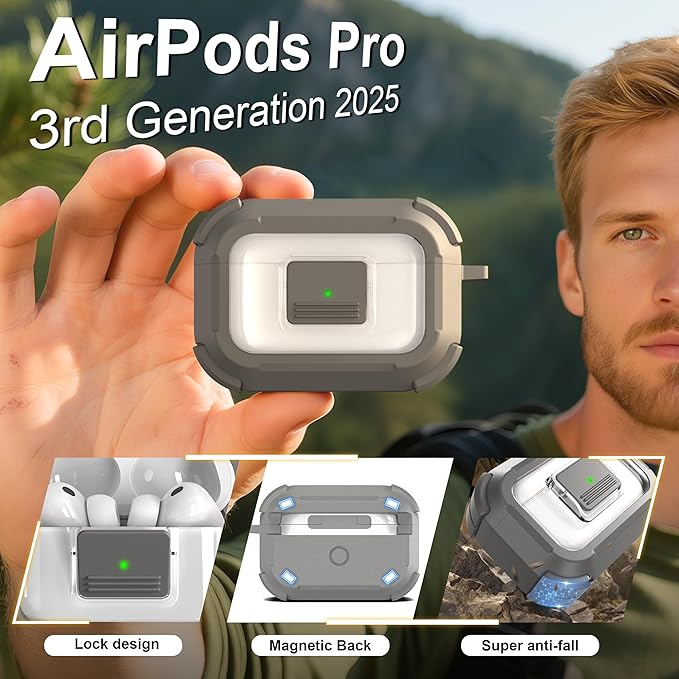 RFUNGUANGO for AirPods Pro 3 Case, Compatible with AirPods Pro 3 Generation Case (2025), Compatible with MagSafe, Magnetic Automatic Lock with Cleaner Kit and Keychain, Front LED Visible, Gray