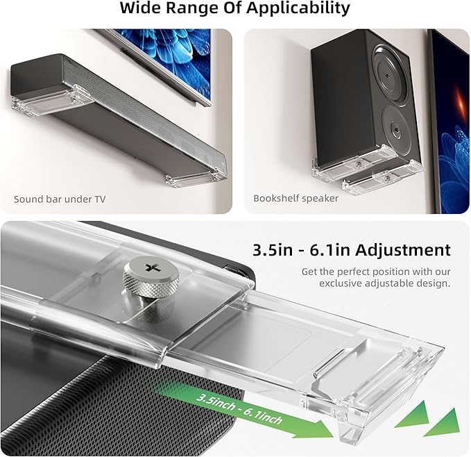 ELETIUO Soundbar Wall Mount Bracket for Samsung, LG, Sony, JBL, Vizio, Sonos and More, Depth Adjustable 3.5”-6.1”,Hold up to 30 Lbs,Soundbar Shelf Under TV, Clear