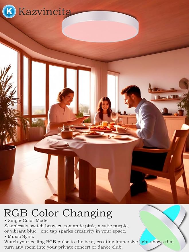 BT-Version LED Ceiling Light with Speaker 40W 13Inch Music Ceiling Lamp with Remote Control Adjustable Brightness & Color Temperature RGB Ambient Lighting for Kids Room Bedroom and More