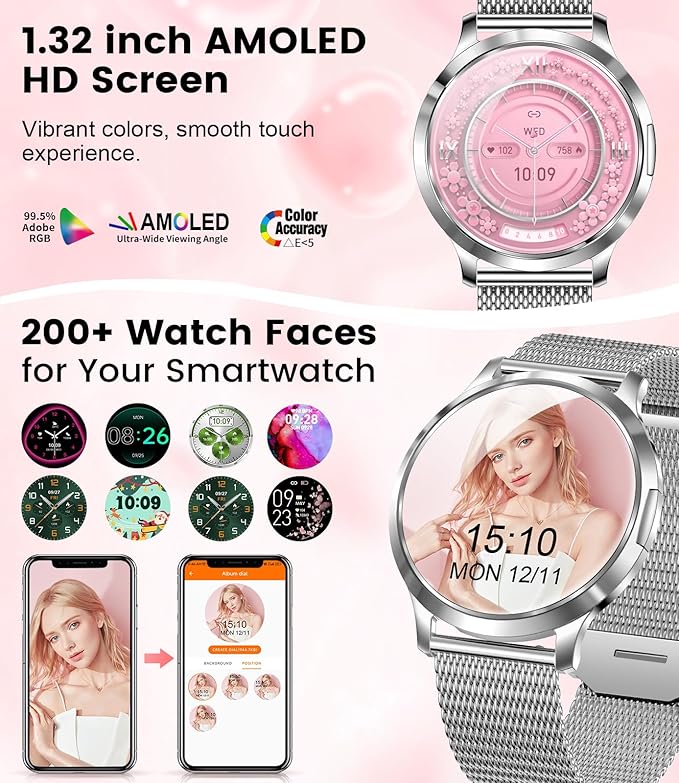 DREMAC Smart Watch(Make Call/Thin),1.32'' Amoled Curved Display for Android iPhone,Smart Watches for Women with Heart Rate Monitor,Sleep Monitor,Pedometer,IP68 Waterproof Fitness Tracker,Silver Metal