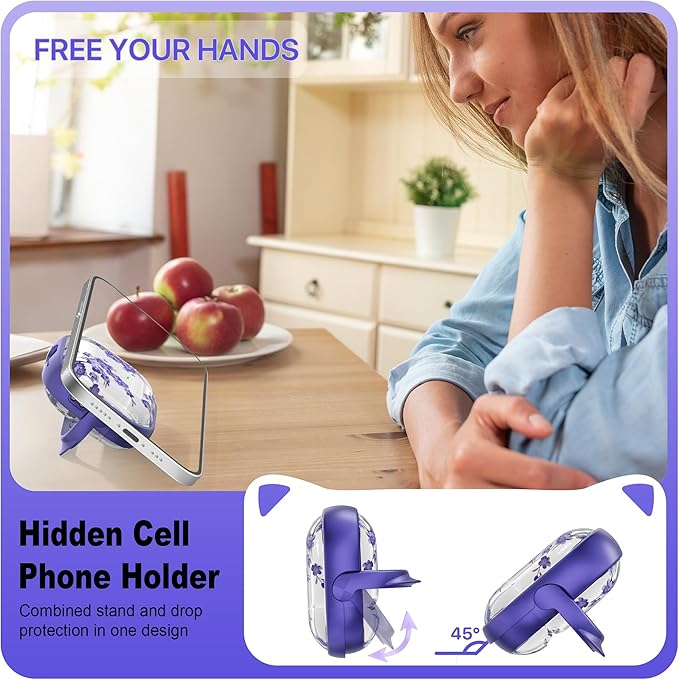 RFUNGUANGO AirPods 4 Case for Women Girly Cat Case with Lock, Phone Stand, Keychain & Cleaner Kit, Compatible with Apple Airpods 4th Generation Case Cover, Wisteria