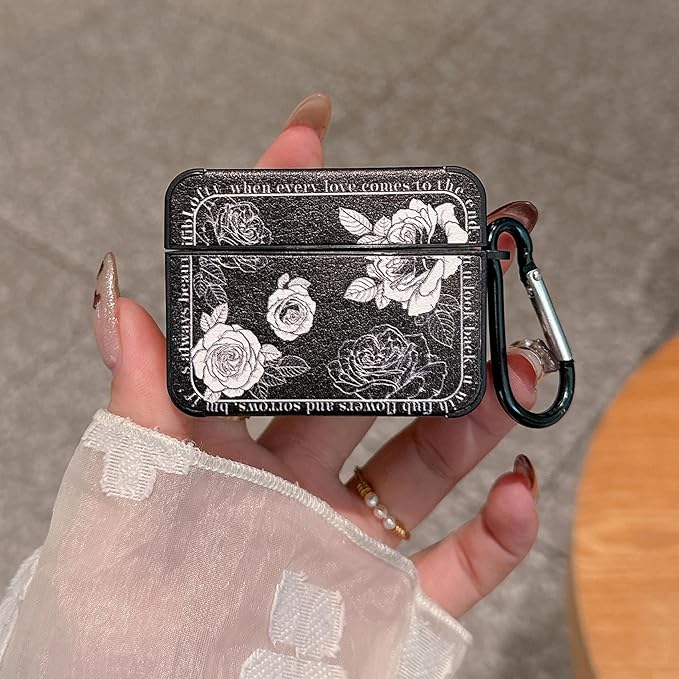 for AirPod Pro 3 Case 2025 for Women Girls Cute Retro Flower Design with Keychain PU Leather Squre Shockproof Protective Cover Compatible with AirPods Pro 3rd Gen Case (Rose Black)