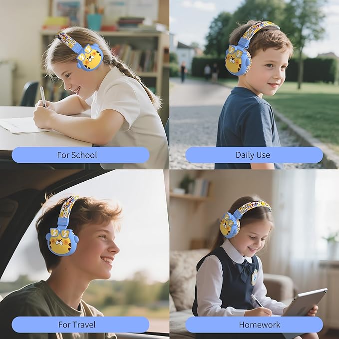 Kids Bluetooth Headphones, 85dB Volume Limit, Ultra-Soft Over-Ear, Built-in Mic, Foldable, Beerus Cartoon Animal Design, Suitable for School & Travel, FM/TF/AUX Supported