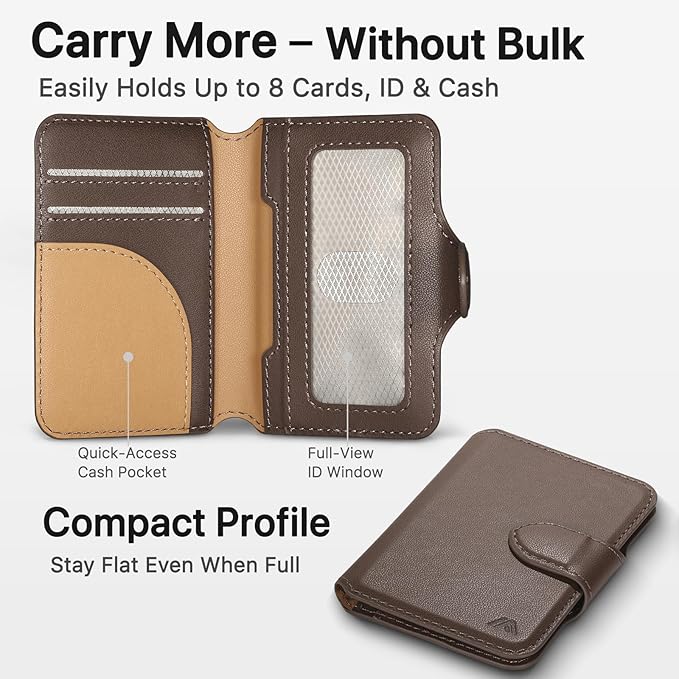 for MagSafe Wallet, Magnetic Phone Wallet RFID Blocking, Slim 5-8 Card Holder with Cash Slot & Clear ID Window, Minimalist Mag Safe Wallets for iPhone 17/16/15/14/13/12 Series, Mocha Brown