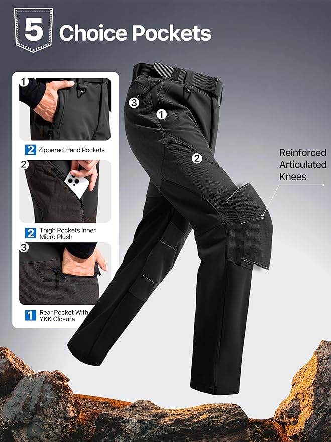 FREE SOLDIER Men's Fleece Lined Outdoor Cargo Hiking Pants Water Repellent Softshell Snow Ski Pants with Zipper Pockets