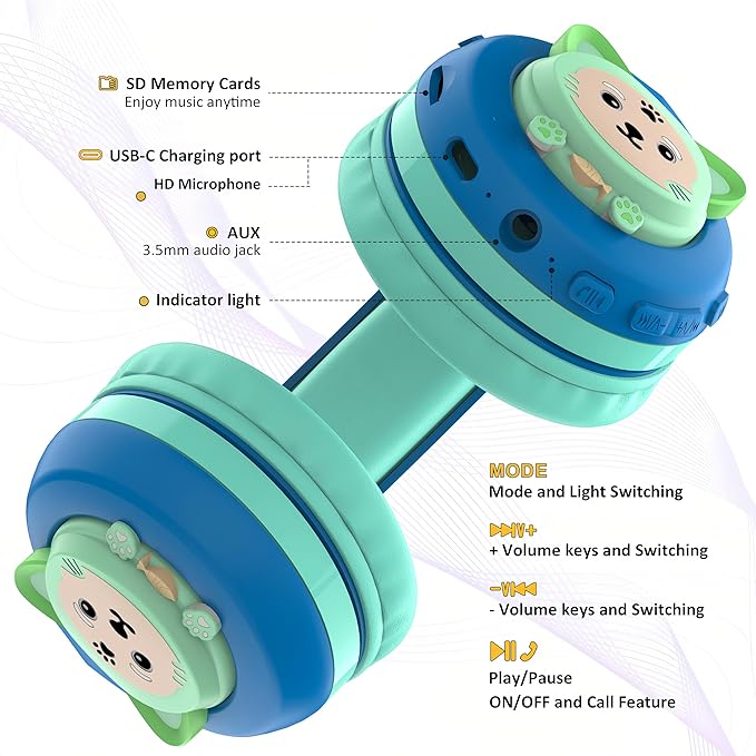 Riwbox CB-7S Kids Wireless Headphones,with Safe Volume Control 74/85/95dB,LED Glow Lights,50H Playtime,Bluetooth V5.3,Built-in Mic, TF Card Slot,for Travel/School/Phone/Laptop(Blue&Green)