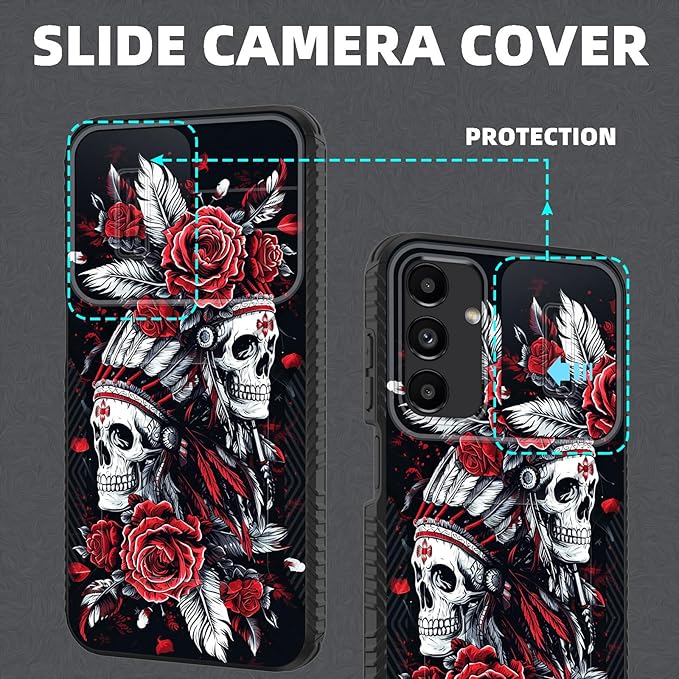 for Galaxy A16 5G Case Built in Slide Camera Lens Cover,Heavy Duty Shockproof Protection Dual Layer Case for Samsung Galaxy A16 5G 6.7" 2024,Skull Art with Feathers and Roses