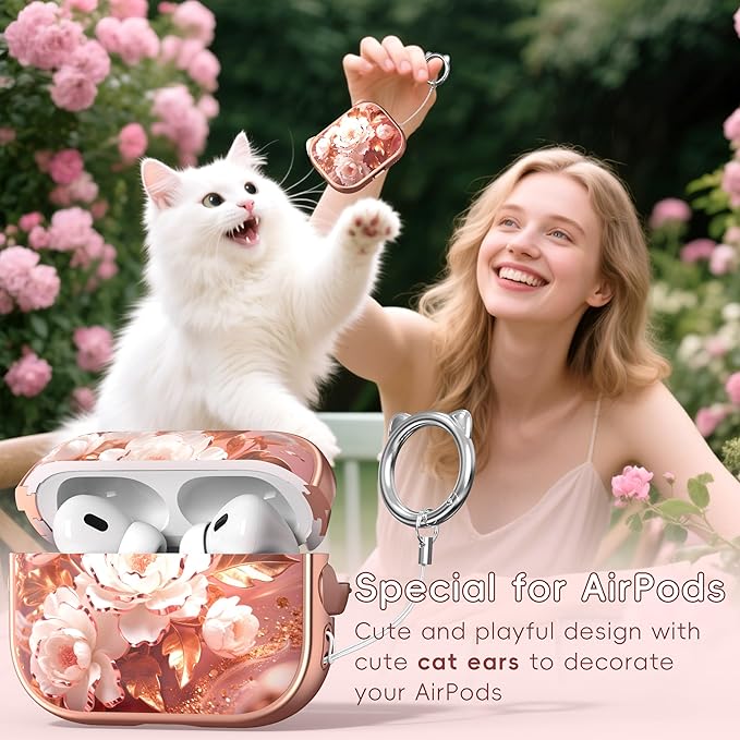for AirPods Pro 2 Case with Cleaning Kit, Cute Cat Ear Print Design & Cute Buckle for Girls, Phone Holder & Top Safe Lock Buckle Design for AirPods Pro 2nd/1st Gen case, Rose Gold Peony