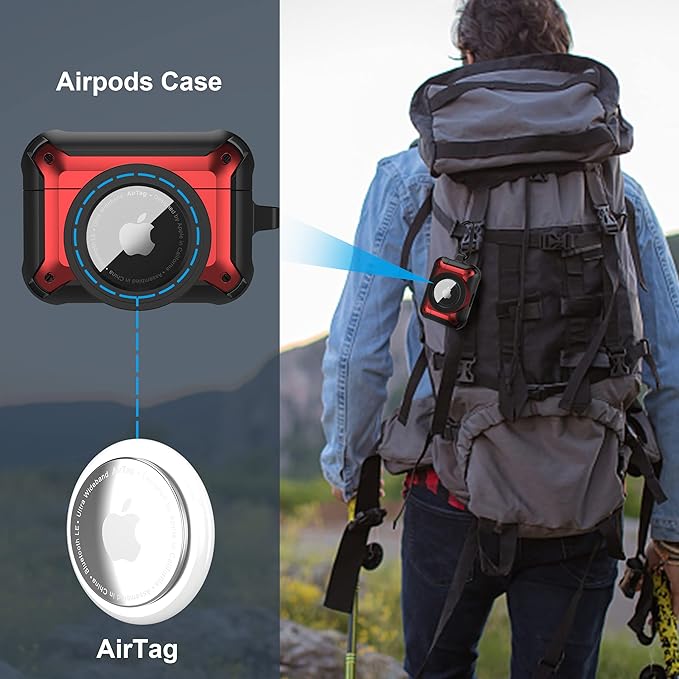 Valkit Compatible Airpods Pro 2/1 Case and AirTags Cover, 2 in 1 Rugged Protective Cases Shockproof Air Pod Pro Cases for Men Women iPod Airpods Pro 2nd/1st Generation Case and Airtag(Black/Red)