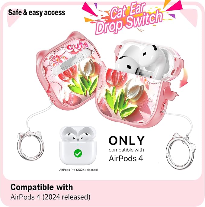 RFUNGUANGO AirPods 4 Case for Women Girly Cat Case with Lock, Phone Stand, Keychain & Cleaner Kit, Compatible with Apple Airpods 4th Generation Case Cover, Pink Tulip
