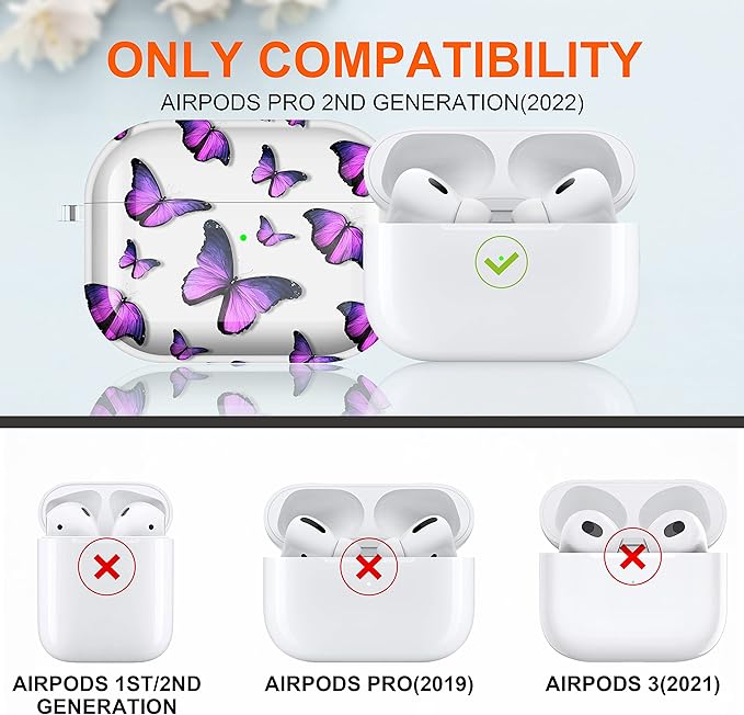 Maxjoy for AirPods Pro 2nd Generation Case, Clear AirPods Pro 2 Case for Women Men Cute Protective AirPod Pro 2 Cover with Keychain Strap for AirPod Pro 2nd Gen Cover 2023/2022, Purple Butterfly