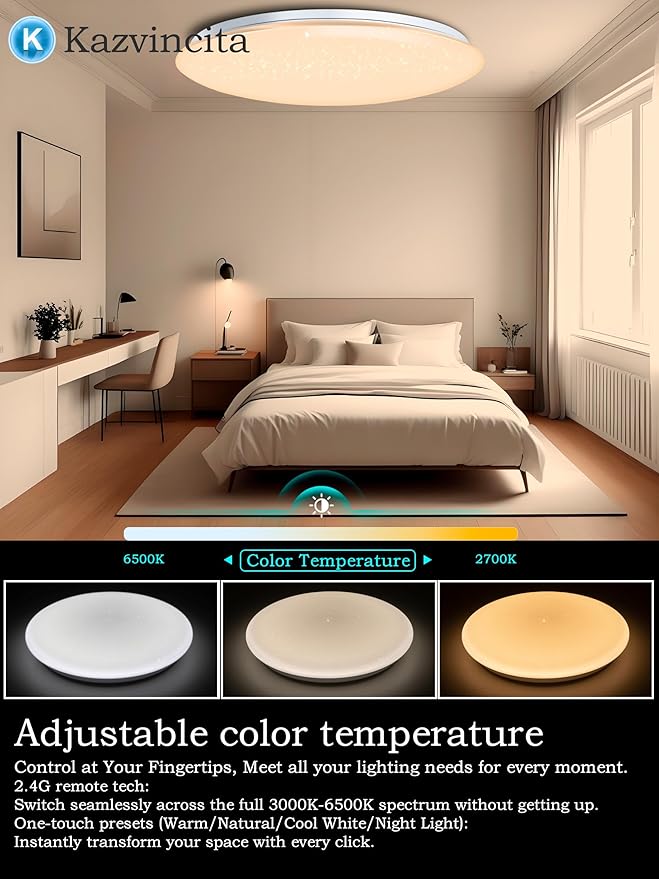 BT-Version LED Ceiling Light with Speaker 40W 13Inch Music Ceiling Lamp with Remote Control Adjustable Brightness & Color Temperature RGB Ambient Lighting for Kids Room Bedroom and More