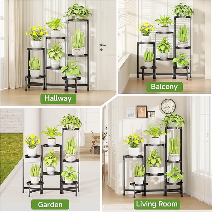 Folding Plant Stand Indoor Outdoor with Metal Tray, 7 Tiered Corner Flower Holder Shelf Metal Orchid Display Rack for Patio Porch Living Room Garden Balcony, Modern Black