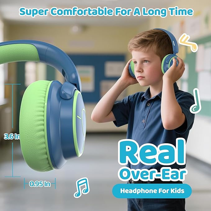 MIDOLA Kids Headphones Bluetooth 5.4 Wireless Volume Limited 85/94dB Hearing Protection Over Ear 68 Hours Playtime Foldable Lightweight Headset Built-in Mic for Toddler Child Travel School Green Blue