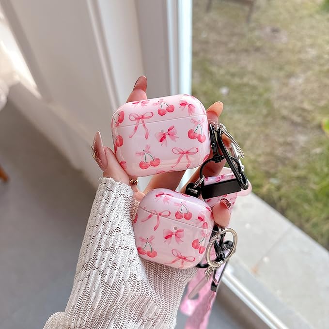 Cute Pink Ribbon Bow Cherry Design Air Pod 4th Generation （2024） with Bow Cherry Lanyard Keychain，Unique IMD Process TPU Soft Air Pod 4th Case