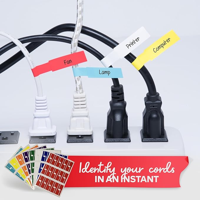 XFasten Cable Labels Tags for Cable Management 240 pcs Waterproof Cord Labels for Electronics 8 Colors Easy to Write On and Smudge-Resistant for Ethernet Cord, Charger, Audio Wires