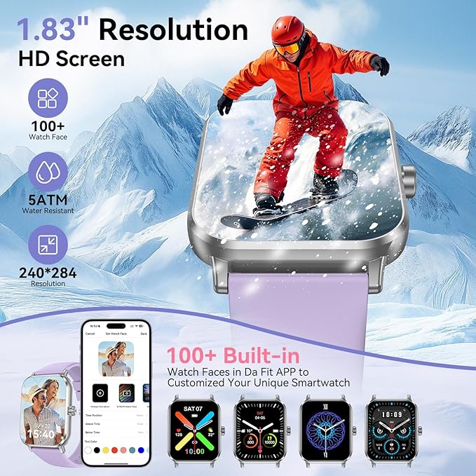 Smart Watches for Men Women, 1.83" HD Touchsreen, Bluetooth Calling, 5 ATM Water-Resistance, 130+ Sports Modes, Health, Fitness & Sleep Tracker, Timer, Pedometer, Fitness Watch for Android/iOS, Purple