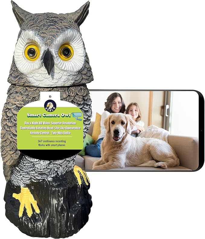 Indoor Camera Owl, Home Security Camera Owl with Rotatable Head, Night Vision, 2-Way Audio, Works with Phone, Decoration for Home