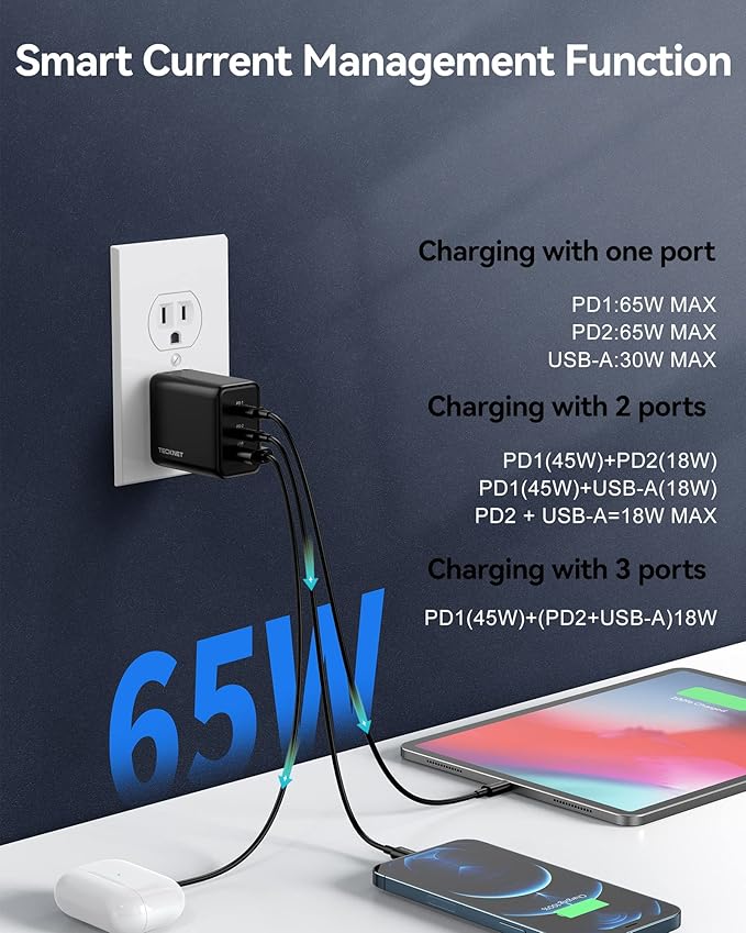 TECKNET USB C Fast Charger Block 65W PD 3.0 GaN Wall Charger,3-Port Foldable Travel Adapter for iPhone 16 Pro Max/16 Pro/16 Plus/16/15/Galaxy S24/S25/MacBook Pro/Switch and More Series(Black)