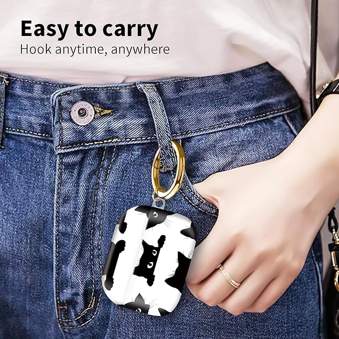 Compatible with Airpod pro 2nd/1st Generation Case Cover with Gold Round Keychain Cute Pattern Hard & Anti Slip Cover for Men Women & Girls（Black cat）