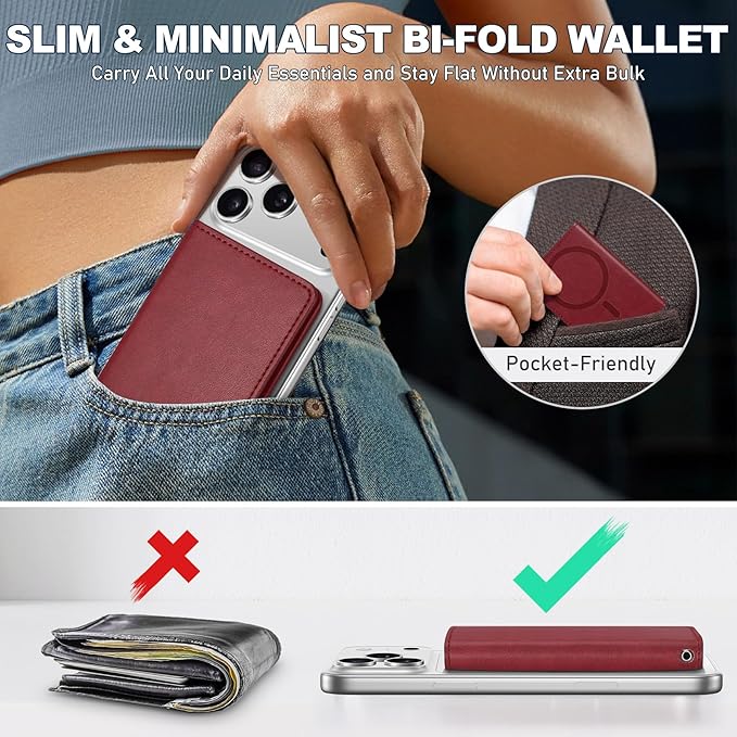 TUCCH for Magsafe Card Holder with Clear ID Window, Fit 6 Cards, RFID Blocking PU Leather Men Women Magnetic Phone Wallet for iPhone 17/16/15/14/13/12/Plus/Air/Pro/Pro Max Series, Dark Red